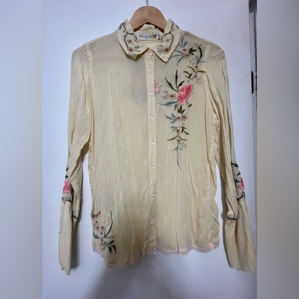 Pale Yellow Johnny Was Embroidered Button Down